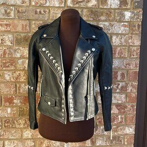 BlankNYC Faux Leather Moto Jacket Contrast Stitching Black White Tassel Sz Large